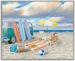 'Summer Beach Scene Retro Van Surfboards Dogs'| Framed Giclee Art