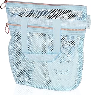 Mesh Shower Bag 10.2x9.9'' Quick-Dry Caddy with Zipper & 2 Pockets. Portable Toiletry Tote for Bathroom, Gym, Travel, Camp, Beach, for Sunscreen, Dorm & College Essentials (Blue)