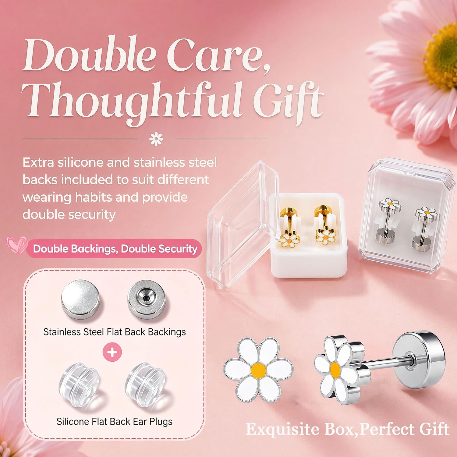 Hypoallergenic Daisy Studs Earrings for Women,18K Gold Plated Surgical Stainless Steel Flat Back Flower Earrings for Sensitive Ears,20G Post Screw Back Cartilage Helix Piercing Jewelry