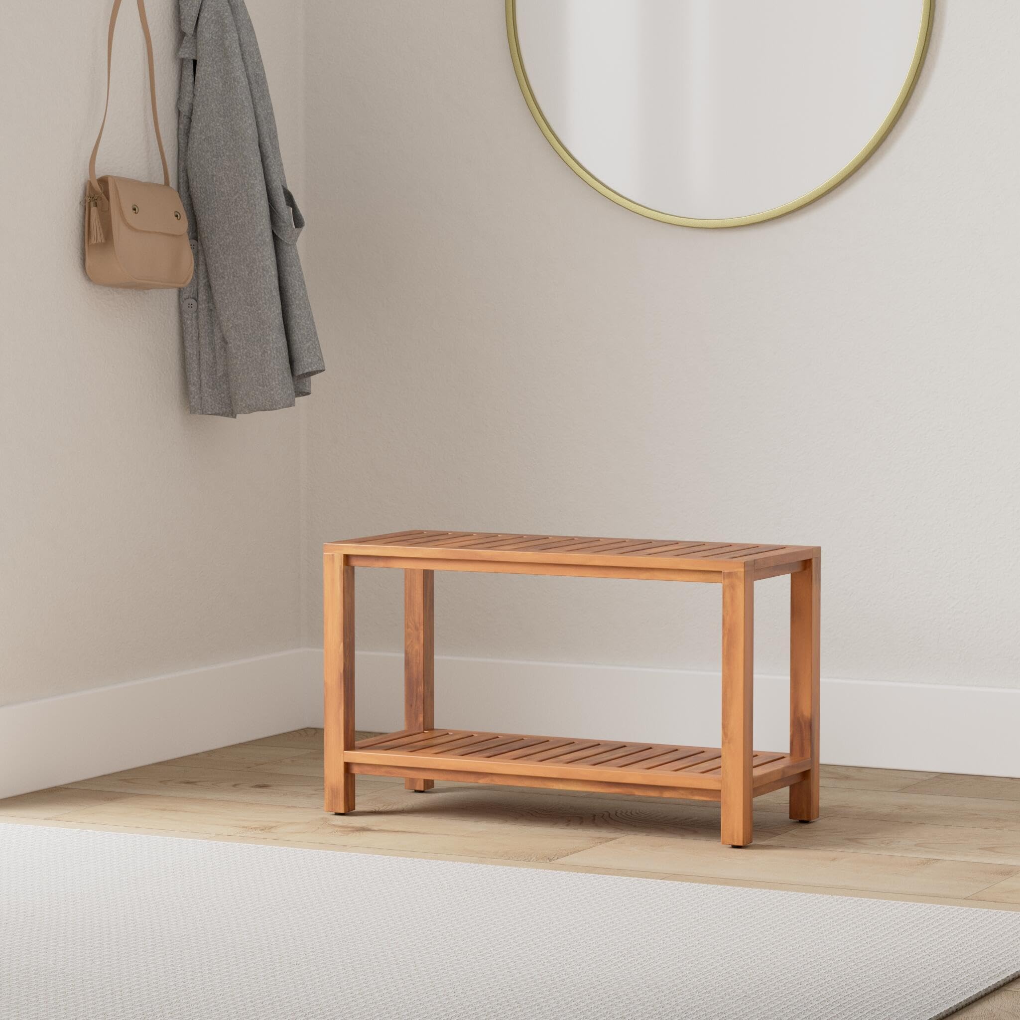 Banco de ducha de teca de 30 pulgadas, banco de madera totalmente montado con estante, resistente al agua, patas ajustables antideslizantes, para uso en spa, jardín o baño