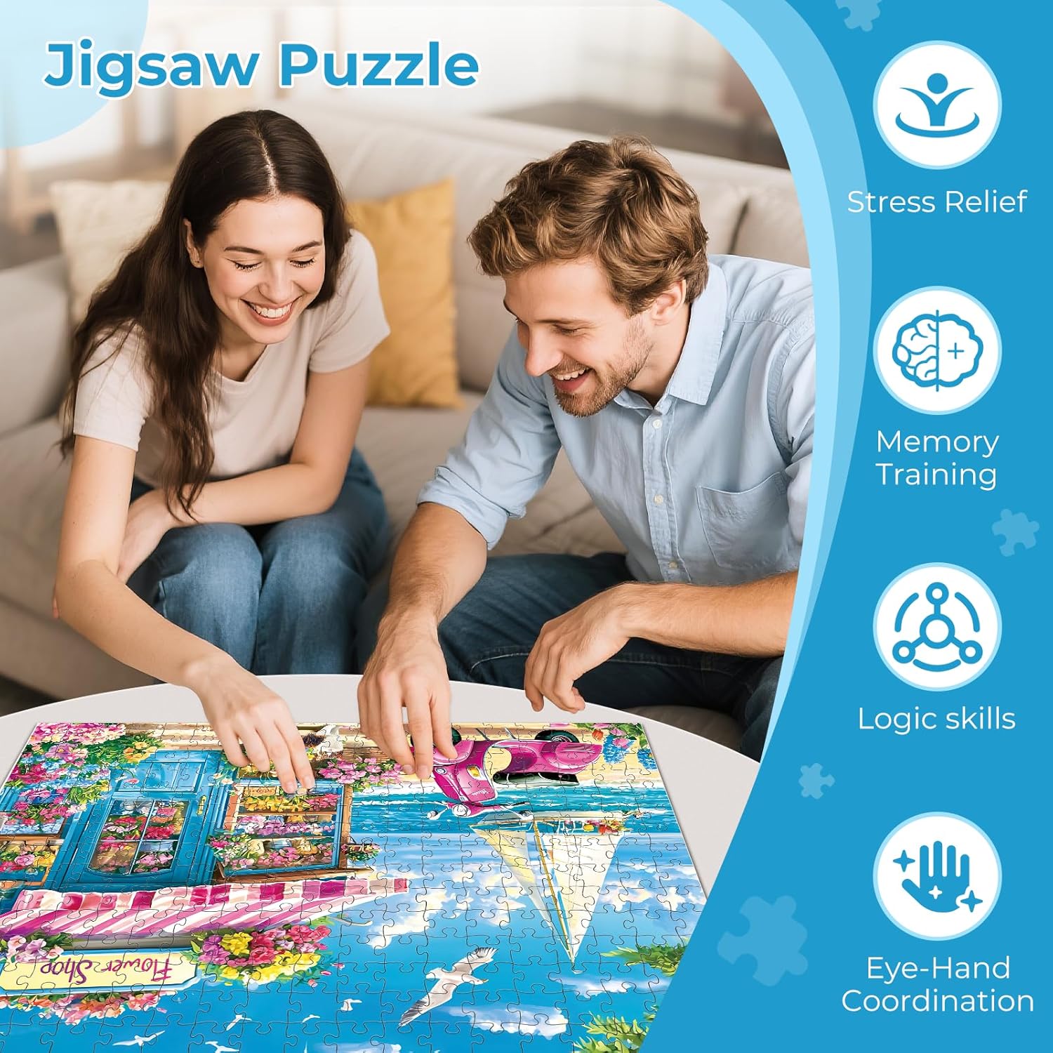 300 Pieces Puzzles for Adults,Spring Seaside Flower Shop & Cat Puzzle for Adult,300 Pieces Puzzles for Adults Large Piece,Summer Puzzle for Kids Ages 8-10,Challenging Family Game, 20.5 x 15 in