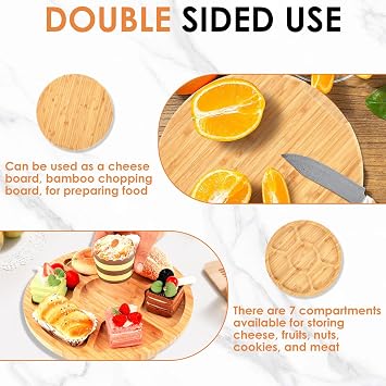 Charcuterie Board with Clear Lid, Bamboo Round Travel Picnic Portable Cheese Board Charcuterie Boxes with 7 Compartments, Meat Fruit Serving Tray Platter for Gifts New Home(Wood)