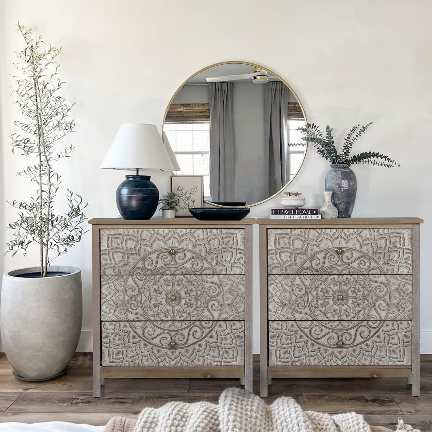 PHI VILLA Accent Cabinet with Drawers - Chest of Drawers Farmhouse Rustic Cabinet with 3 Drawers Entryway Storage Chest, Dresser