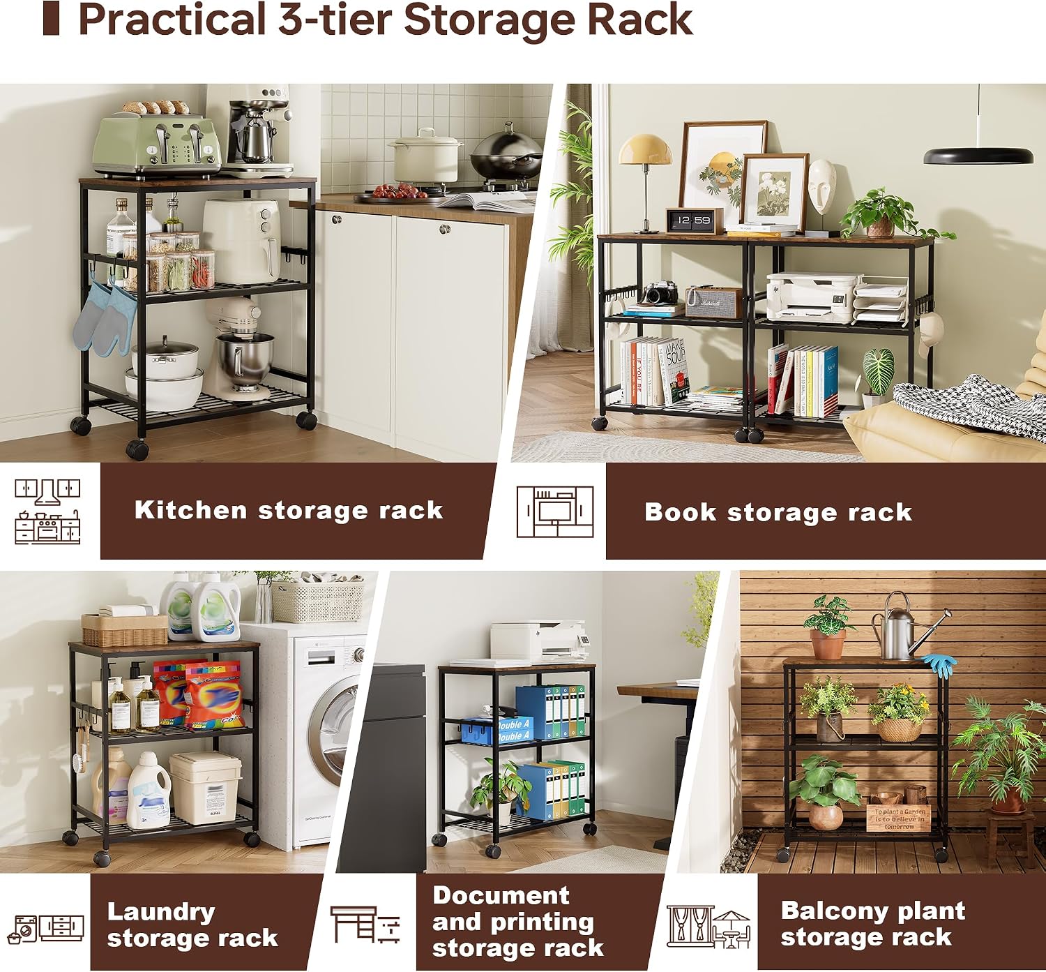 Kitchen Rolling Cart, 3-Tier Microwave rack with Lockable Wheels, One-Piece Shelf, Kitchen Utility Storage Cart for Coffee Bar,Apartment, Dorm, Laundry Room, Office, 23.6" x 15.7" x 27.6", Brown