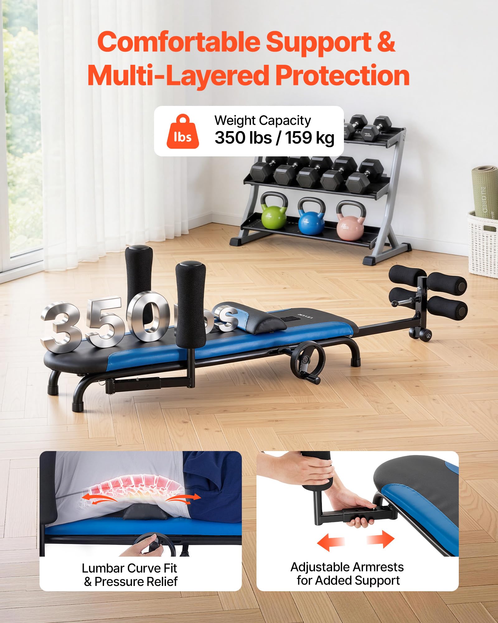 VEVOR Mesa de Tracción Lumbar Capacidad de 159 kg, Banco de Estiramiento de Espalda Estructura Estable, Reposabrazos Ajustables, Alta Resistencia, Tabla de Inversión para Hombros, Cuello, Espalda