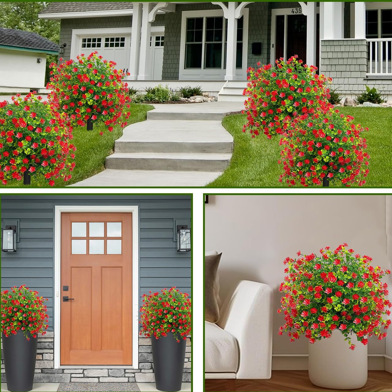 Set of 2 Artificial Boxwood Topiary Ball Trees with Red Flowers for Outdoor with Ground Spike 23",UV Resistant Faux Shrubs Fake Evergreen Trees for Potted,Balcony,Garden,Spring Decor - Image 7