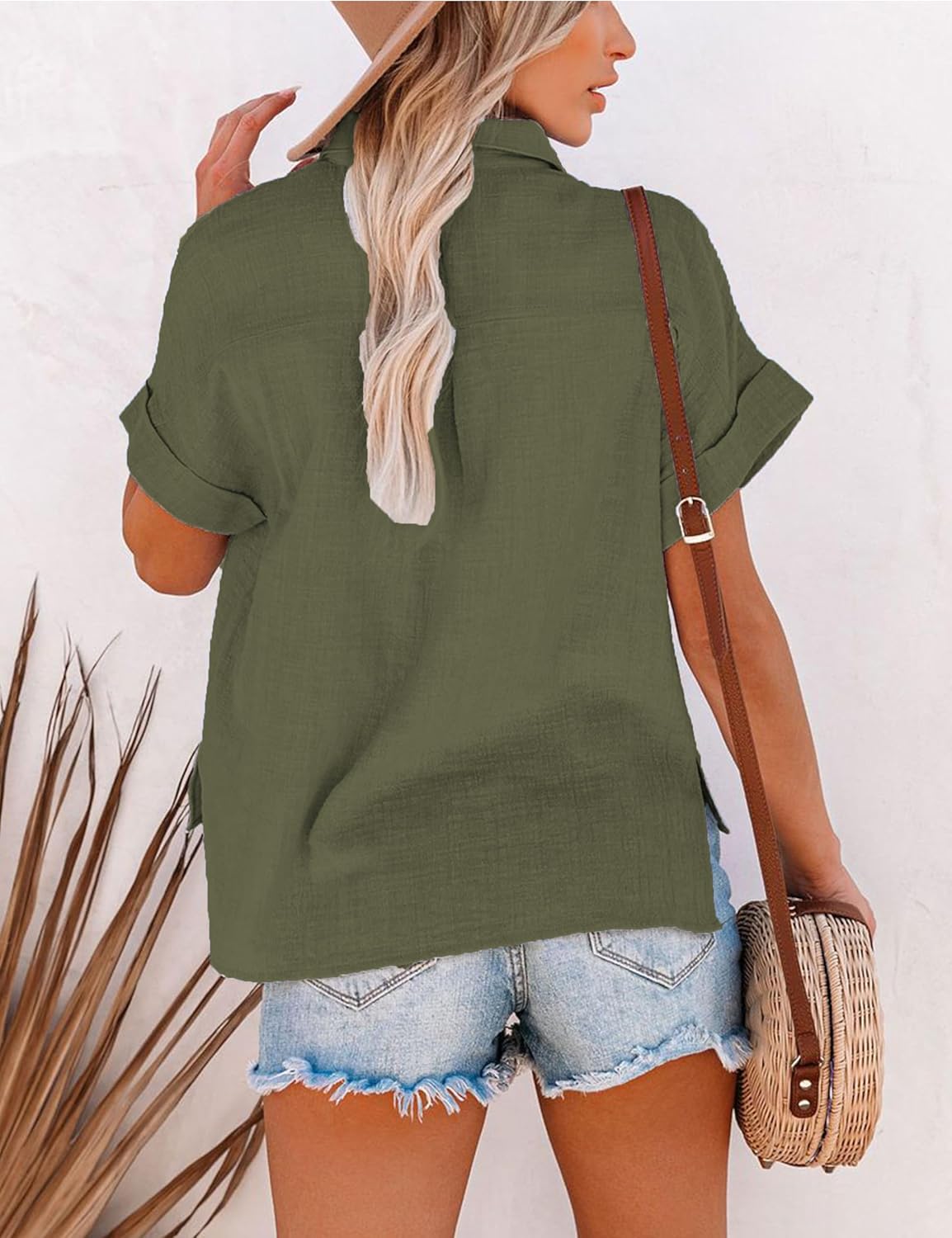 Womens Short Sleeve Cotton Button Down Up Shirt Collared V Neck Tops Shirts Blouses Dress for Women Western Wear - Image 6