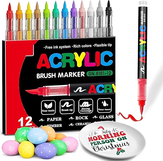 Acrylic Paint Markers Brush Tip, Vivid Colors with Direct-Liquid Ink System, Professional-Grade Paint Pen for Rock Paintin...