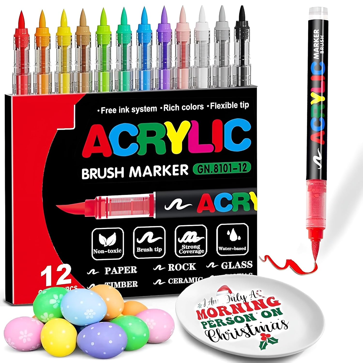 Acrylic Paint Markers Brush Tip, Vivid Colors with Direct-Liquid Ink System, Professional-Grade Paint Pen for Rock Paintin