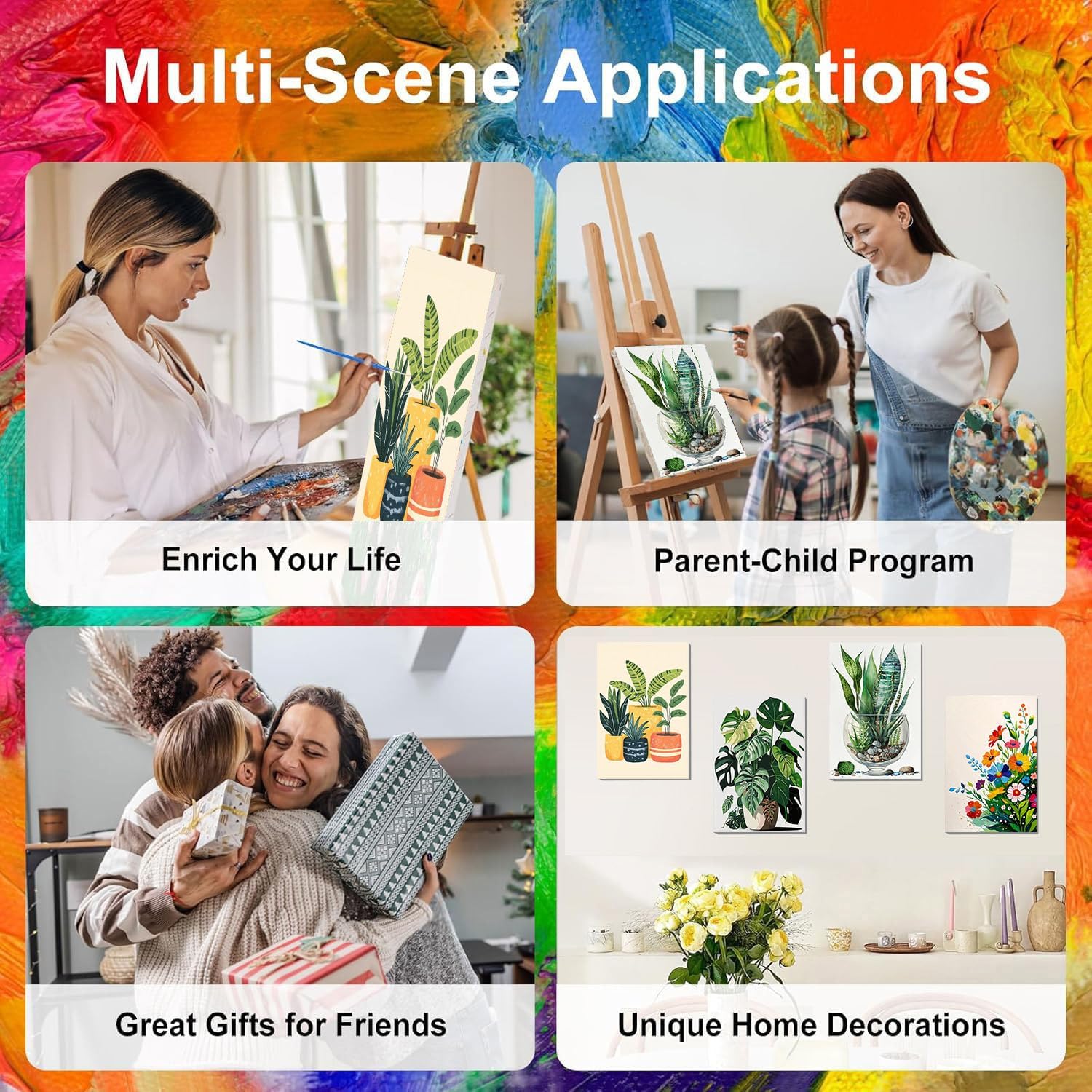 4 Pack Paint by Numbers for Adults with Framed Canvas - with Wooden Easel, Plant Paint by Number for Beginners, Easy Flowers Acrylic Oil Painting on Canvas with Brushes for Home Wall Decor (8x12 inch)