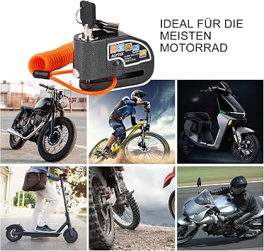 AGPTEK Motorcycle Disc Lock with Alarm, Anti-Theft Disc Brake Lock, Black | 110db Alarm Lock with 5FT Reminder Cable, Padlock Waterproof with Lock Pin Carrying Bag for Motorcycle Bike Scooter