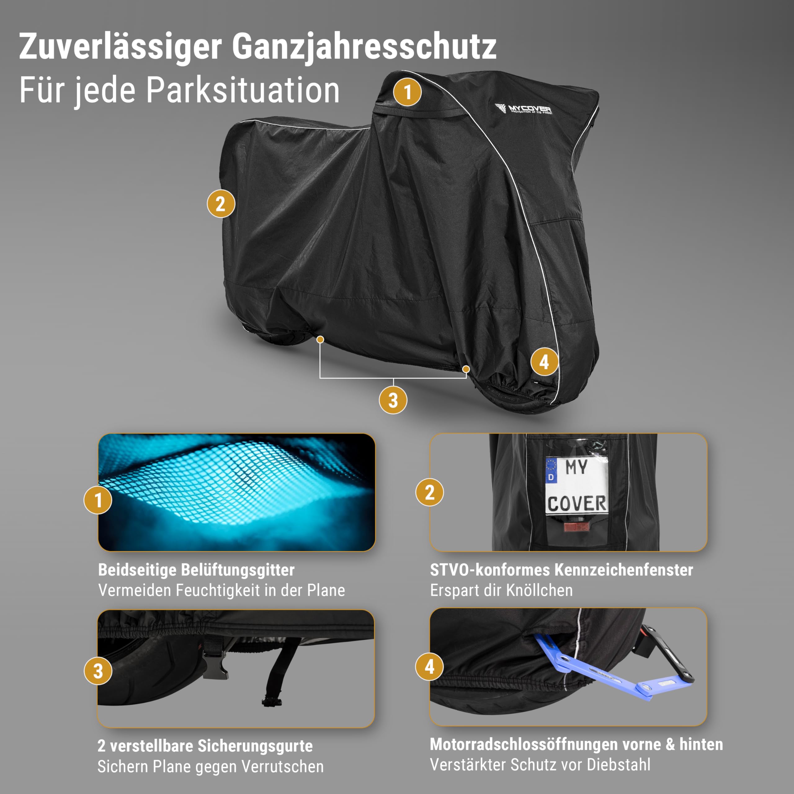 handgefertigte Premium Motorrad Abdeckplane – 30 Größen für über 2500 Modelle – 100% passgenau, wasserdicht, Winterfest & extrem reißfest – Indoor & Outdoor - Größe XL+ (L245xB110xH145)
