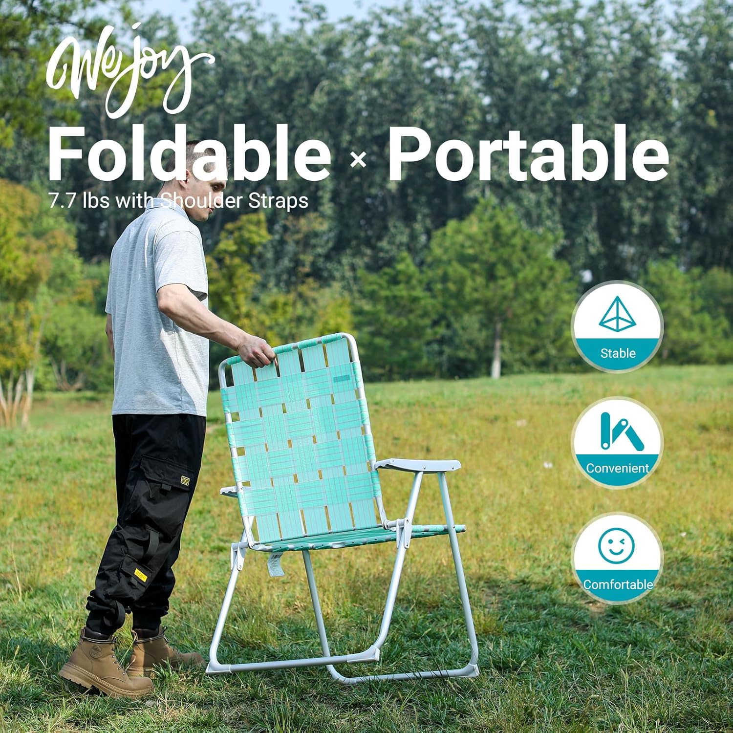 #WEJOY Folding Beach Chair for Adults, Lightweight Beach Chair with Shoulder Straps, High Back Camping Chairs with Hard Armrest, Supports 300lbs for Outdoor Lawn Concert