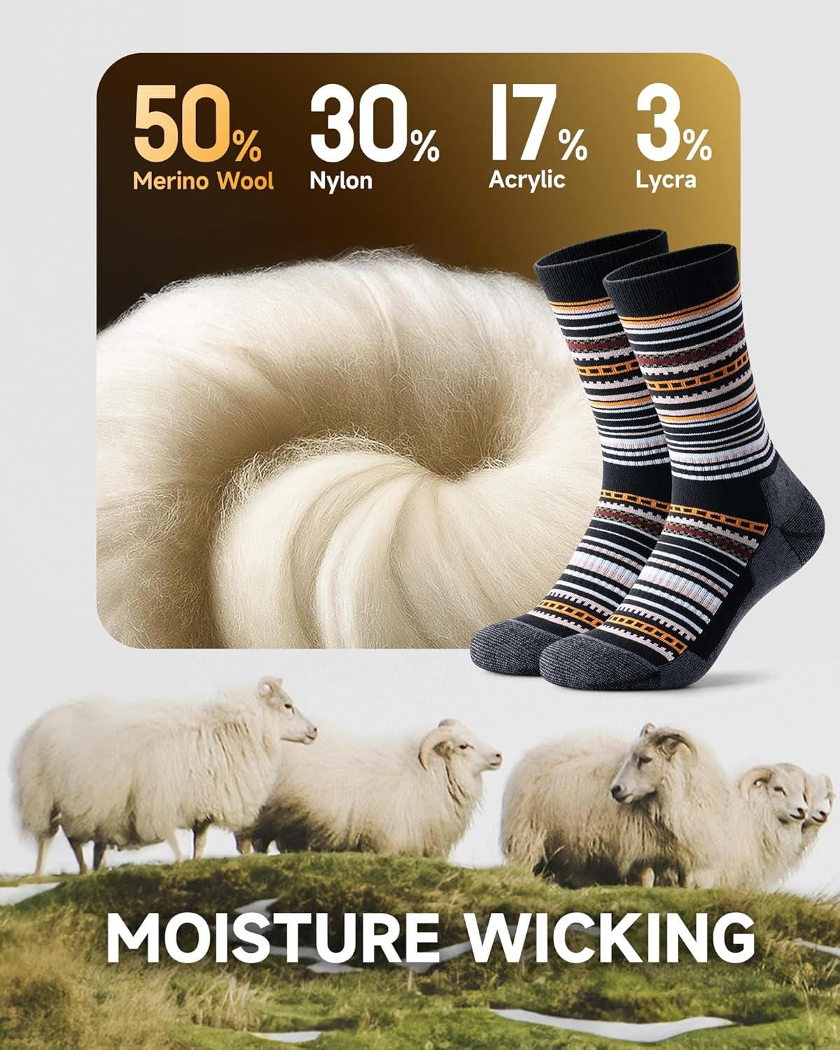 RUIXUE Merino Wool Hiking Socks for Men Women, OEKO-TEX & GRS Certified, Seamless Toe, Terry Cushioned -3 Pairs