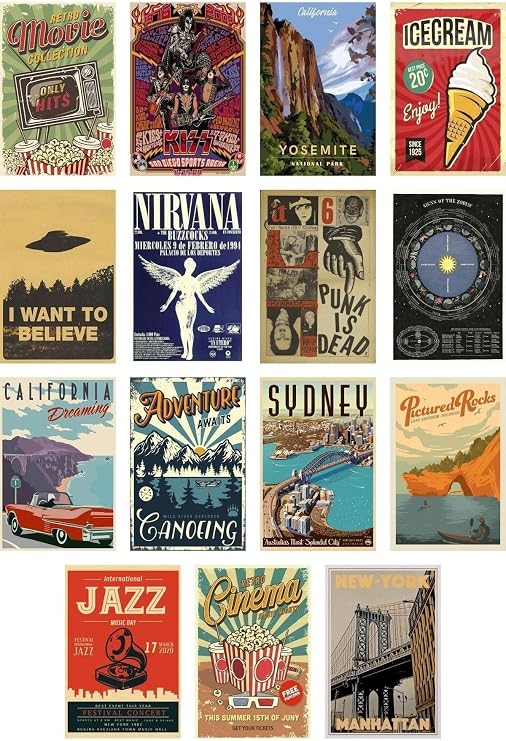 Postifull Retro Poster Seti - Kolaj Seti - Oda Dekoru - Duvar Posteri - Yapışkanlı - Duvar Dekoru - 60 Adet;
