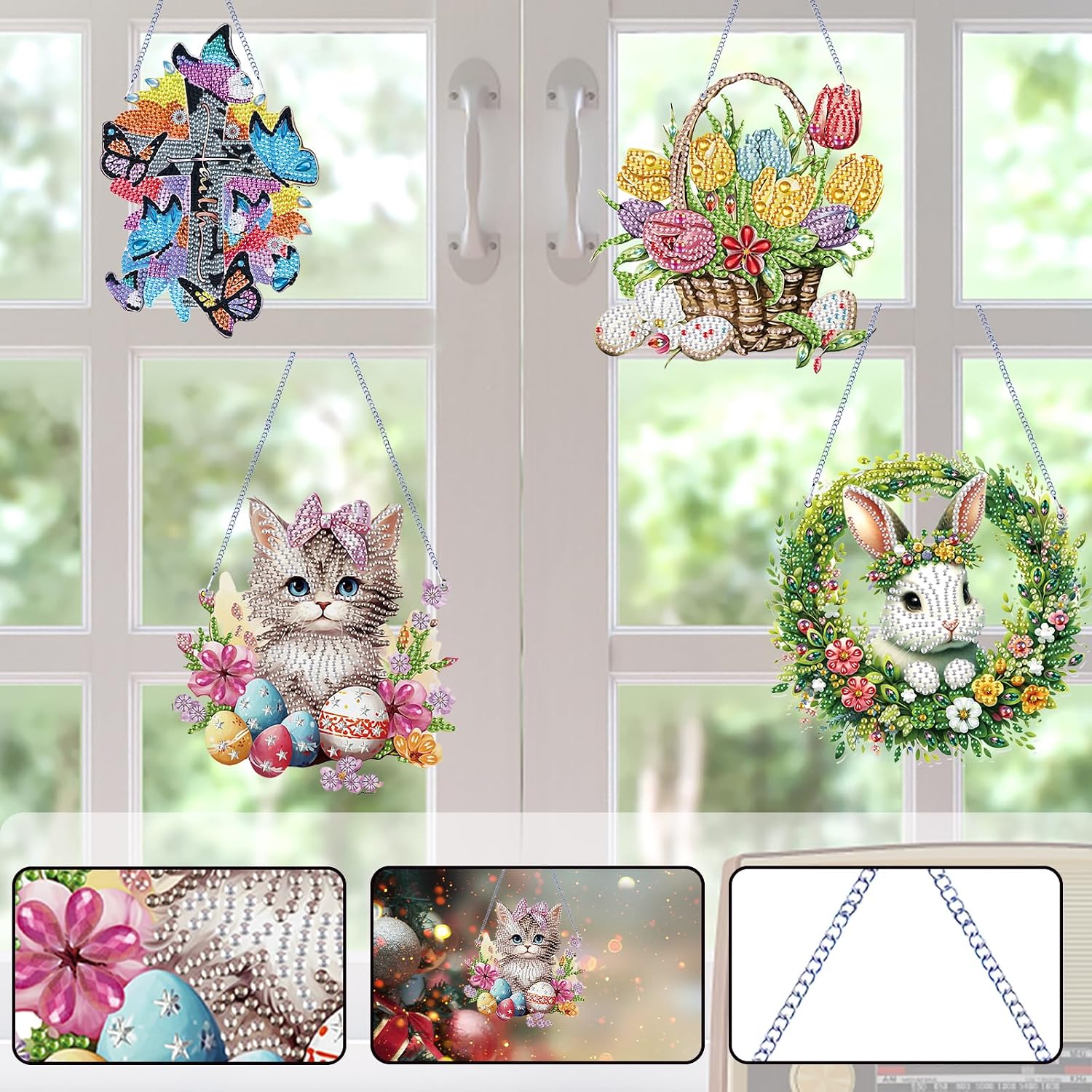 Sulunmo 4Pcs Diamond Art Hanging Kit, Diamonds Art Painting Pendant for Adults, DIY Gem Painting Board Kit for Window Door (Easter)