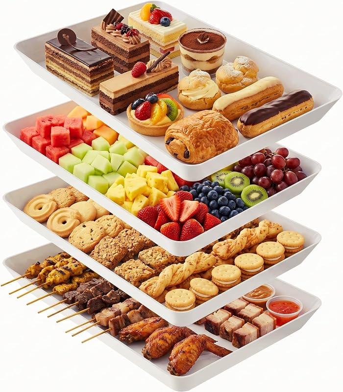 Serving Trays, Serving Platter, Plastic Trays, 4-Pack, White | Stackable, Reusable, Rectangular, for Parties, Entertaining, Camping and Food Display, Multi-Purpose Serving Solution