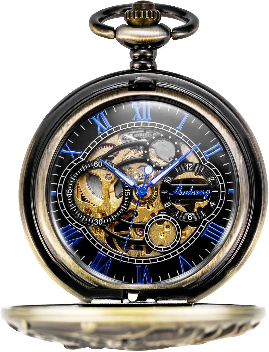 TREEWETO Mens Mechanical Pocket Watch Dream Dragon Skeleton Half Hunter Double Open Silver/Bronze/Black Case for Man