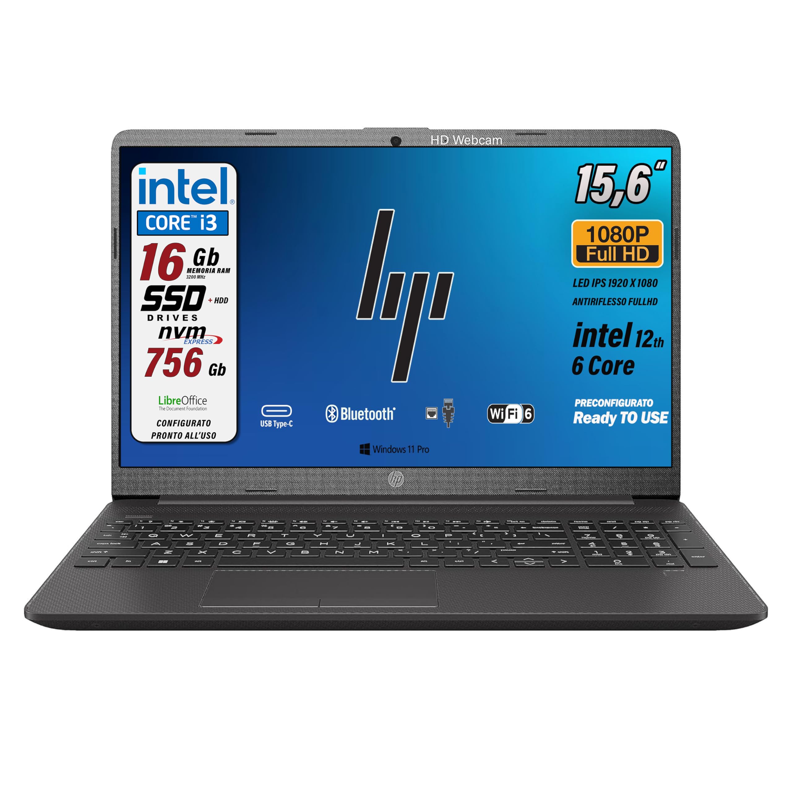 HP 250 G9, Pc portatile notebook, Display Full HD da 15,6", cpu Intel i3 di 12Th, ram da 16 Gb, SSHD 756 Gb, Windows 11 Pro, computer portatile, Layout Italiano, pronto all'uso