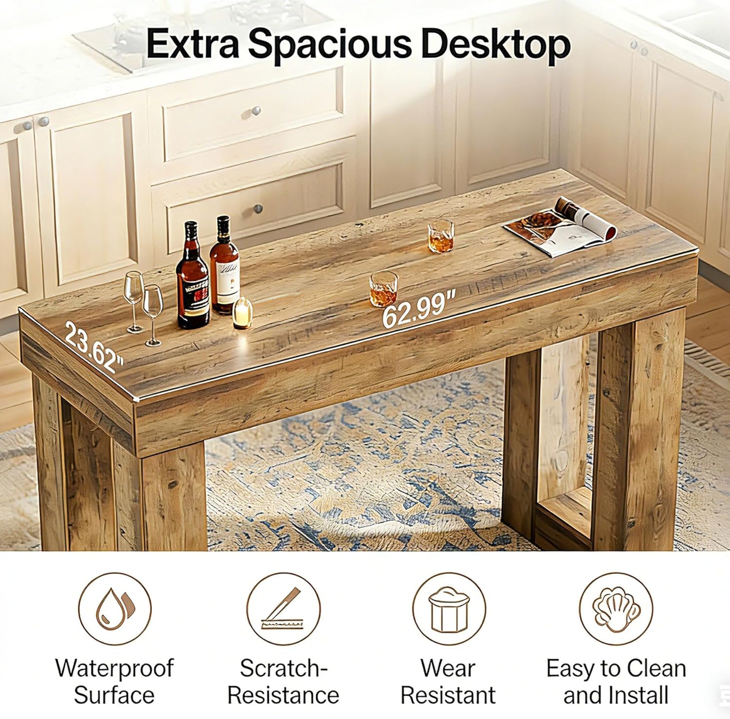 Tribesigns 63" Long Bar Table, Wooden Counter Height Table with Sturdy Legs, Rectangular High Top Dining Table for Kitchen, Home Bar, Living Room