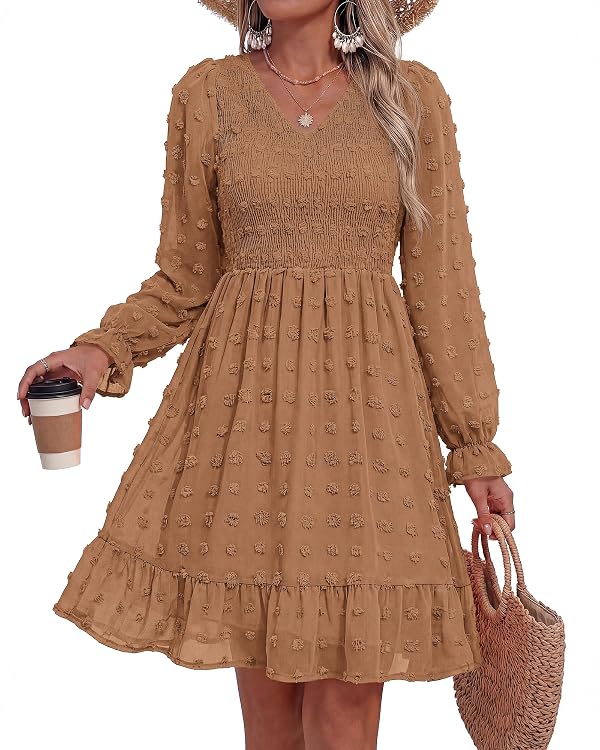 BTFBM Summer Dresses for Women 2026 Long Sleeve Casual V Neck Swiss Dot Smocked Ruffle Chiffon Flowy Mini Fall Dress(Khaki, Medium) by BTFBM - Image 2