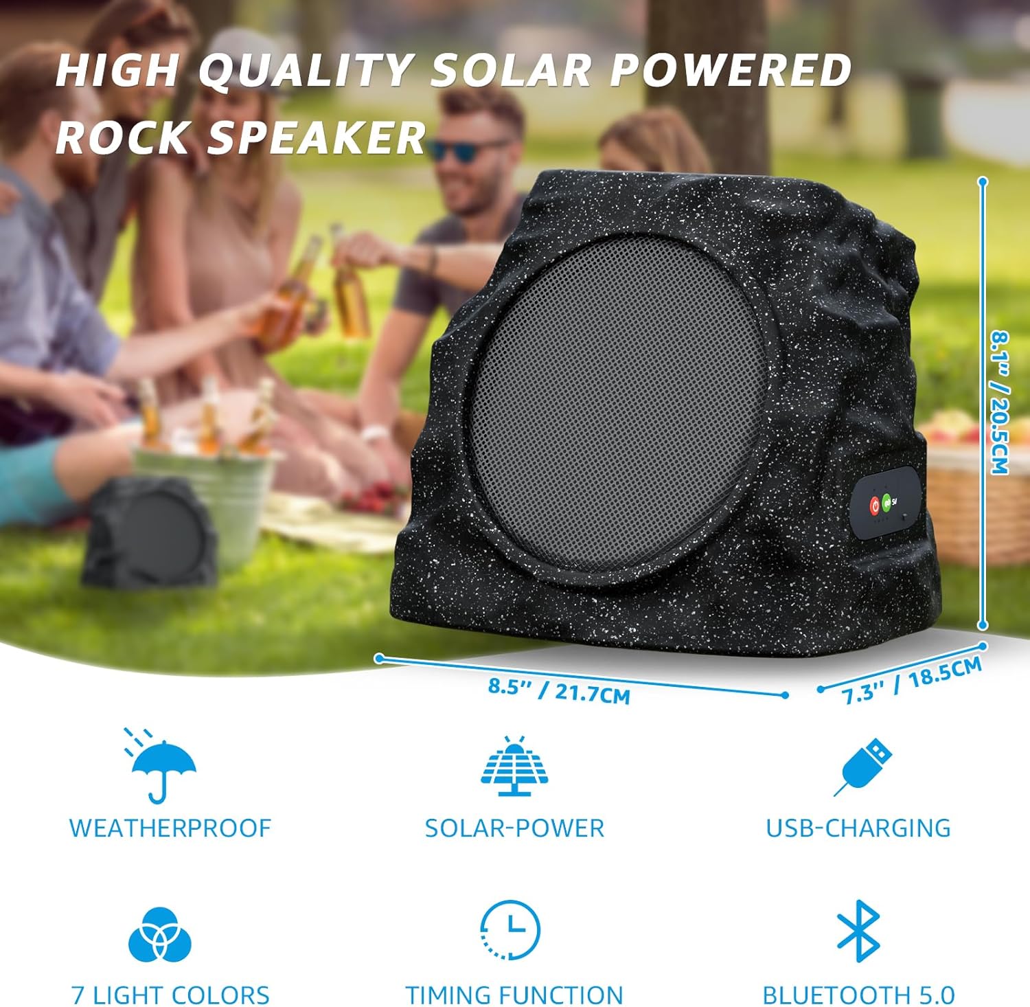 2-Pack Solar Powered Rock Speakers Outdoor Water-Resistant with 3 Mode Lights and Pair Function USB Rechargeable for Patio Garden Party Pool Outside(Black)