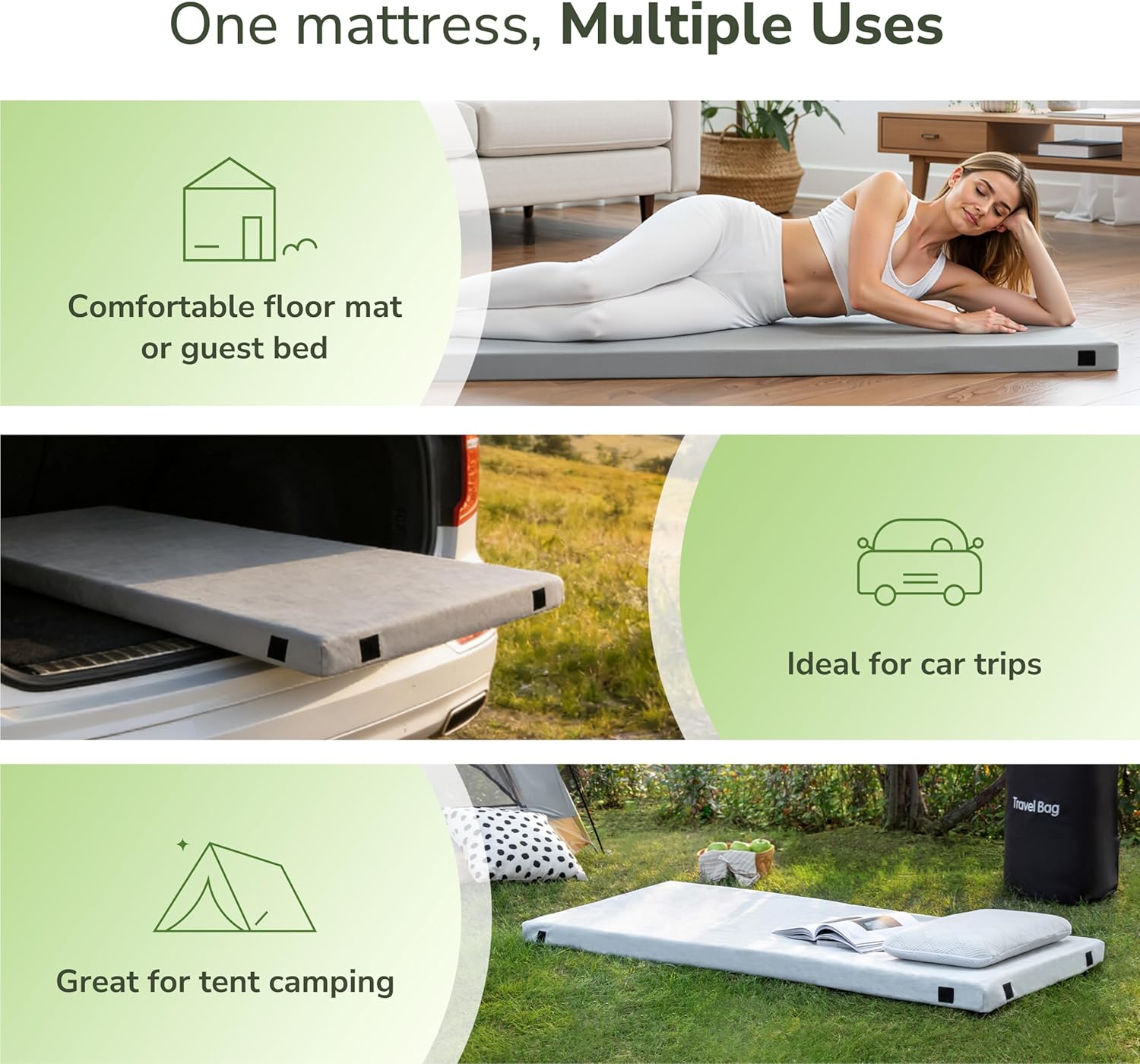 Memory Foam Camping Mattress 2.5 inch, Cot Pads, Single Small Portable Roll Up Camping Sleep Topper with Waterproof and Non-Slip Bottom, Camping Car Mat with Travel Bag, 72"×24"×2.5", Grey