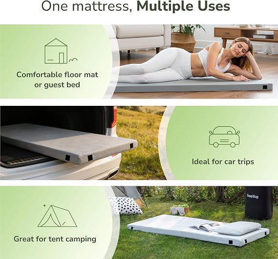 Memory Foam Camping Mattress 2.5 inch, Cot Pads, Single Small Portable Roll Up Camping Sleep Topper with Waterproof and Non-Slip Bottom, Camping Car Mat with Travel Bag, 72242.5, Grey