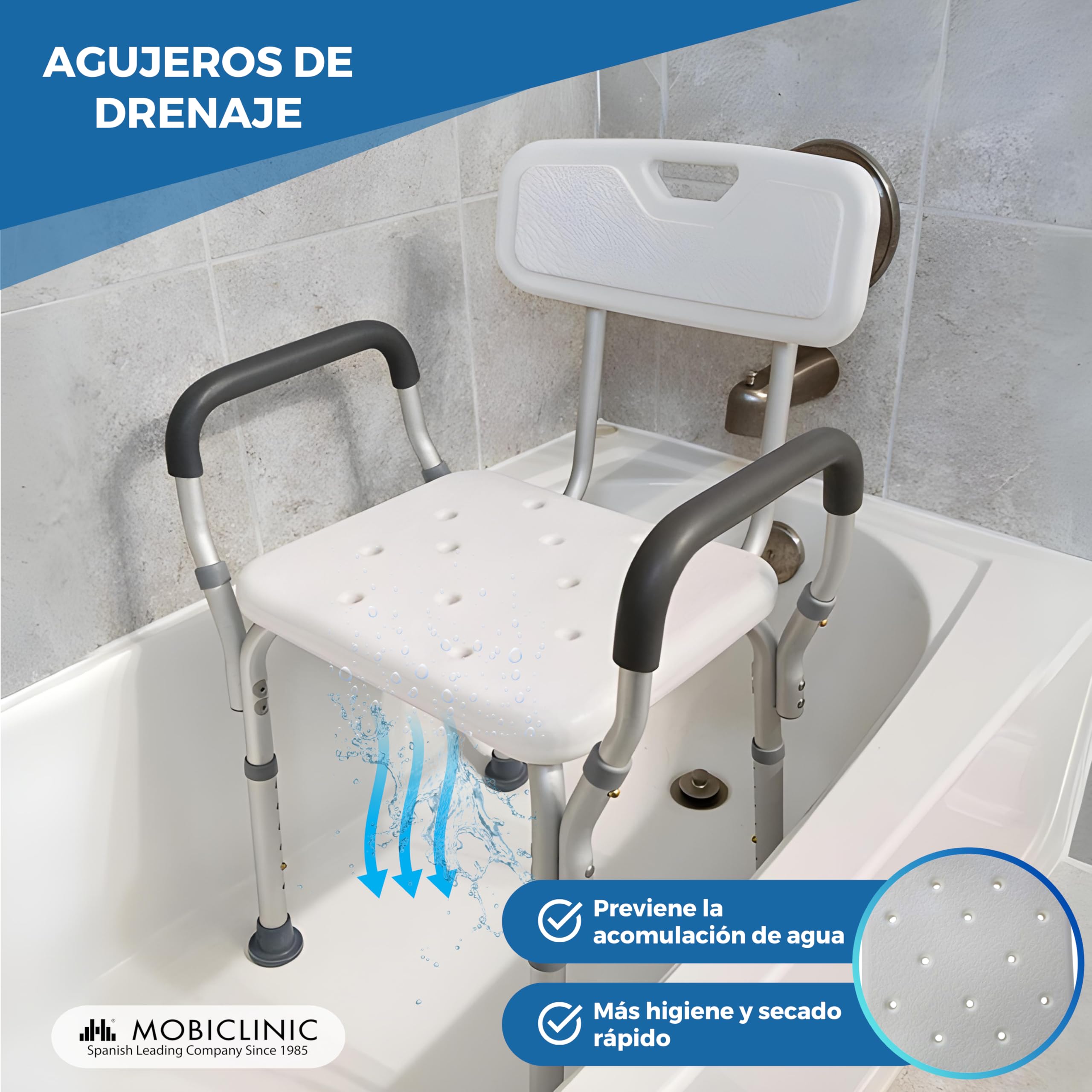 Mobiclinic, Silla de Ducha con Respaldo, Baño, para Adultos, Puerto, Marca española, Ortopédica, Antideslizante, Altura Regulable, Ayuda Ancianos y discapacitados, WC, Ergonómica