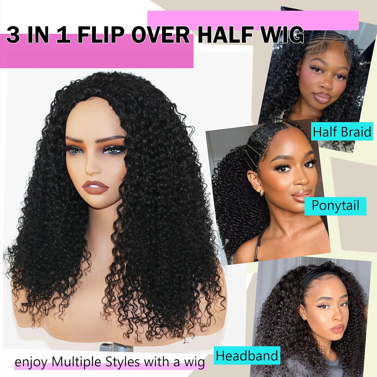 Kinky Curly Human Hair Half Wig for Black Women 20 Inch 200% Density 3 in 1 Drawstring Flip Over Wig Glueless Wear and Go Seamless Invisible Hairline
