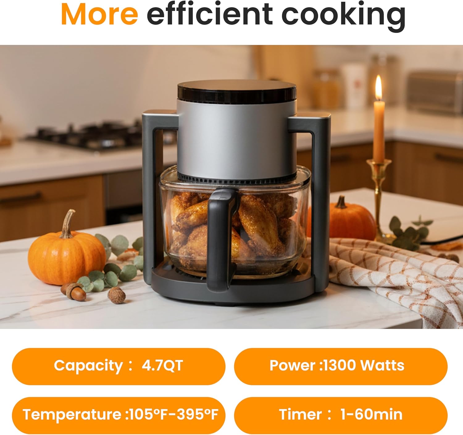 HealSmart 10-in-1 Glass Air Fryer – 4.7QT Non-Toxic Air Fryer with Rapid Air Crisp, Roast Bake Dehydrate Reheat, Nonstick, Easy-Clean | Dishwasher Safe, Bake, Roast, Recrisp