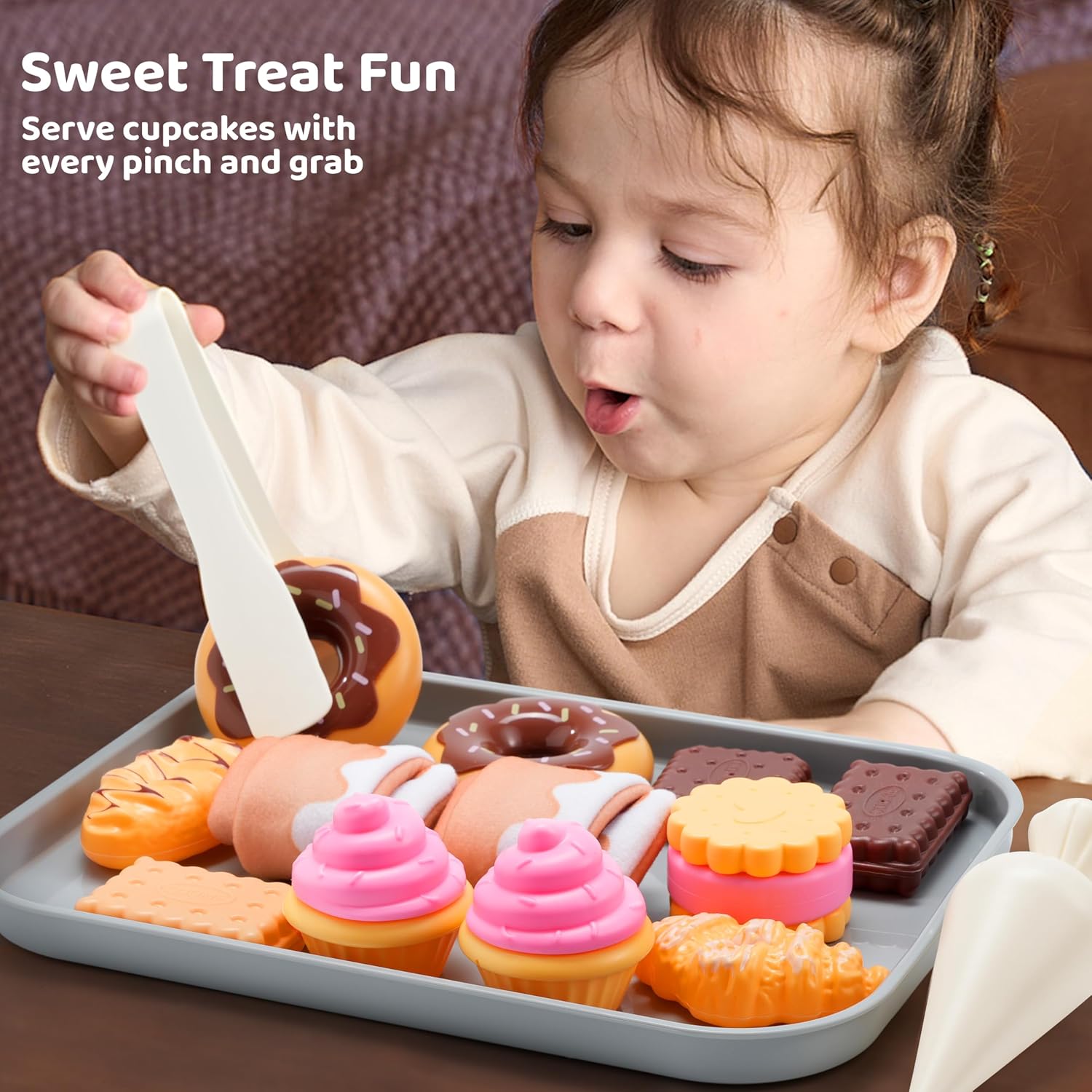 Cookie Play Food Set, Pretend Toys, 17 PCS Kitchen Toy Food Sets with Plastic Cookies, Baking Menu, Bakery Tray, and Play Money for Boys and Girls, Birthday Gift for Kids