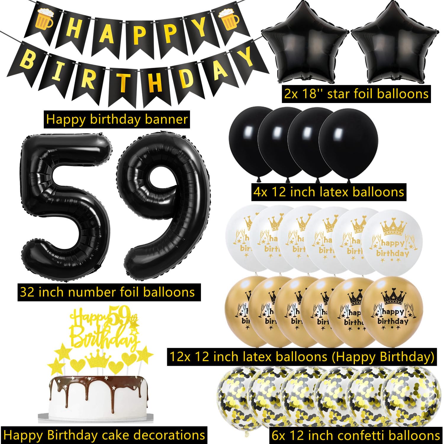 Kit Decorazione Compleanno 59 Anni Donna - Oro Rosa, Con Palloncini Numero 59, Ghirlanda, Torta E Coriandoli - 2