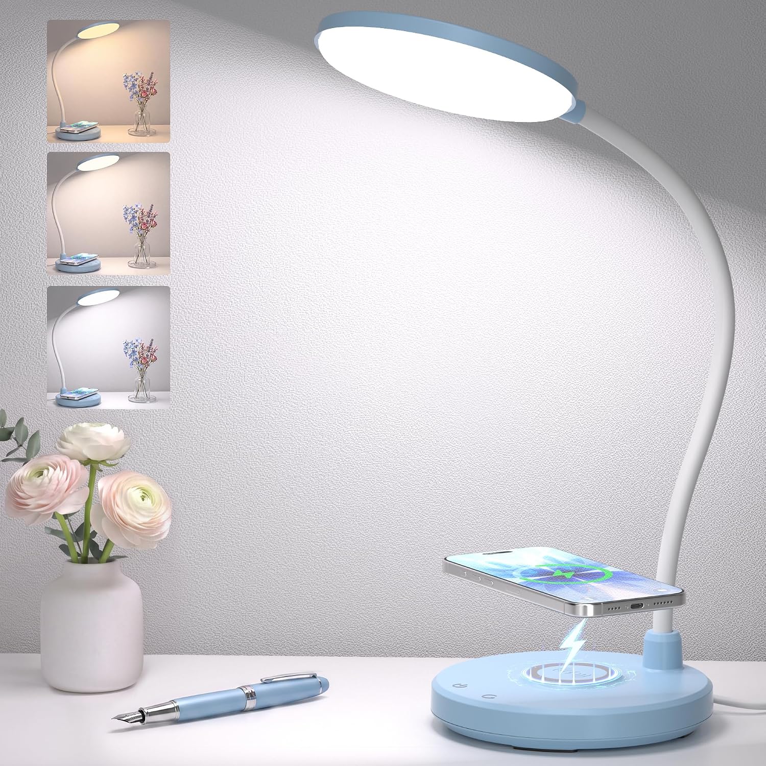 Blue Desk Lamp, Table Lamp with Wireless Charger, 800LM, CRI95+