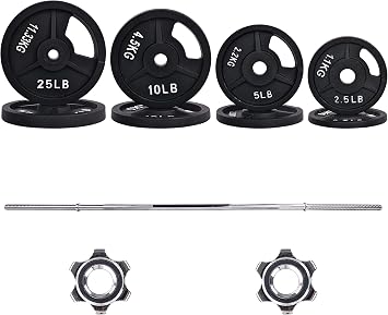 Fitvids Cast Iron Standard Weight Plates Including 5FT Standard Barbell with Star Locks, 95-Pound Set (85 Pounds Plates + 10 Pounds Barbell), Multiple Packages