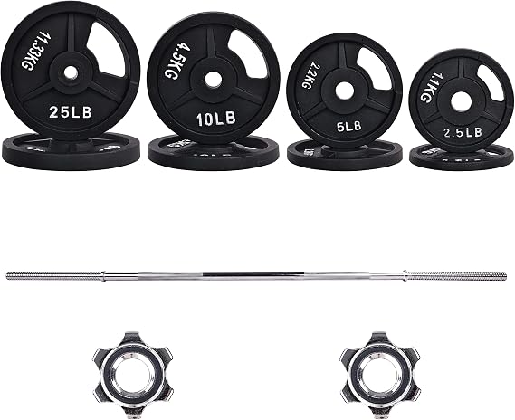 Fitvids Cast Iron Standard Weight Plates Including 5FT Standard Barbell with Star Locks, 95-Pound Set (85 Pounds Plates + 10 Pounds Barbell), Multiple Packages