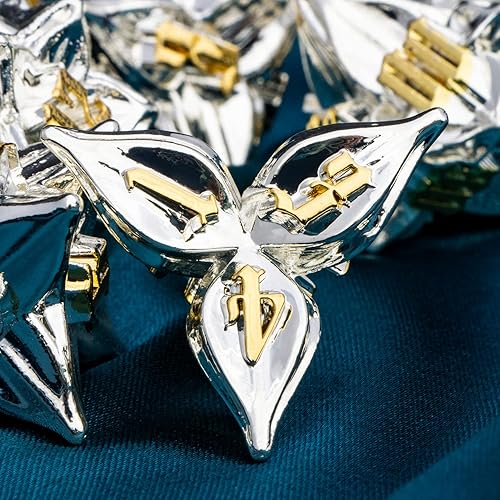 Miniatura 4 de ARUOHHA DND - Juego de dados de metal con diseño de números dorados de hoja plateada, dados poliédricos con caja, 7 dados D y D, juegos de rol D20