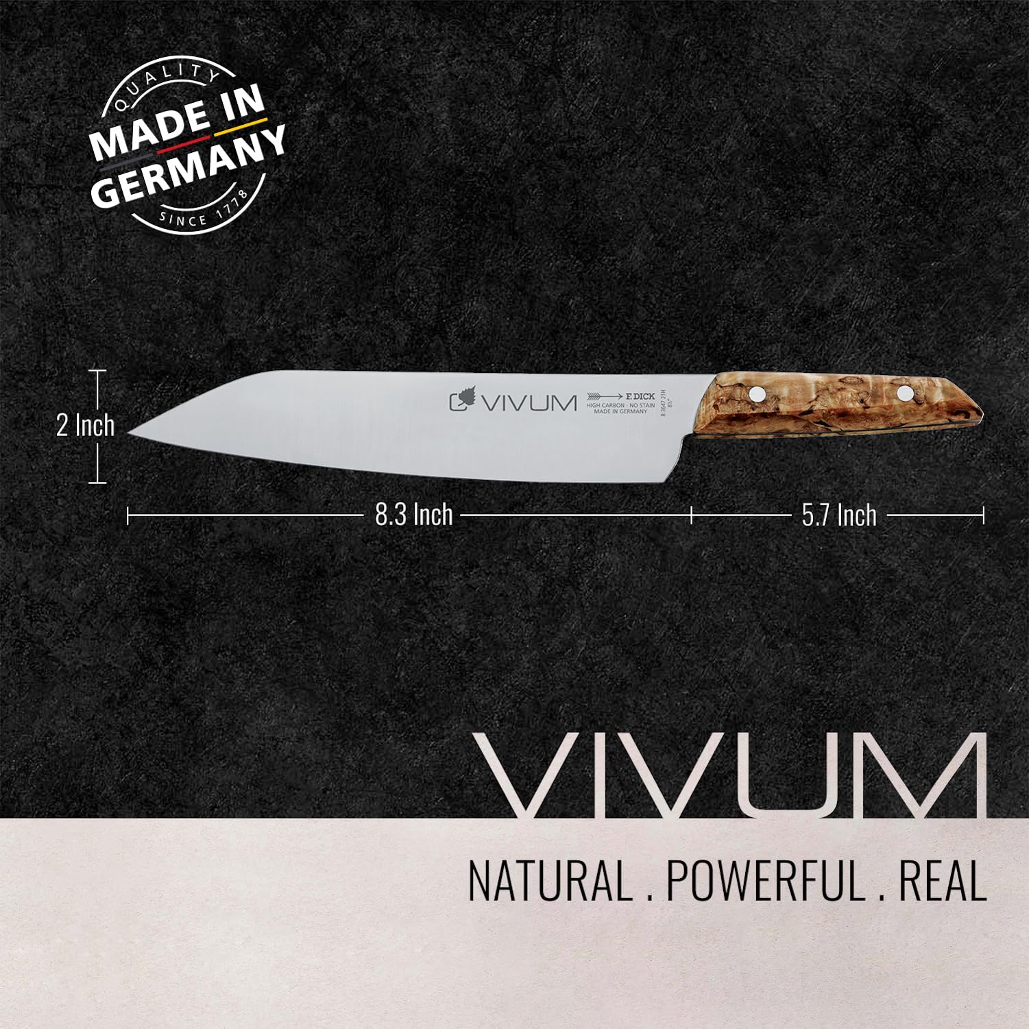 F.DICK Couteau de chef VIVUM (couteau de chef avec lame de 21 cm, avec manche en bois de bouleau, 58 HRC, tranchant incurvé, couteau de cuisine) 83647212H, Black