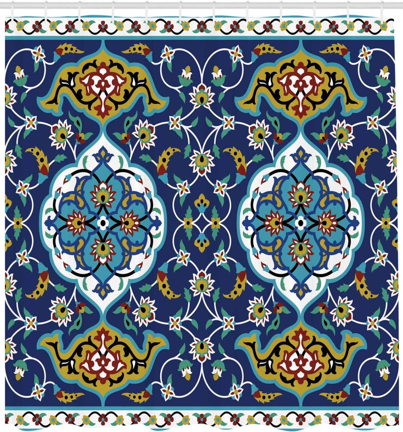 Ambesonne Moroccan Shower Curtain, Oriental Motif with Vintage Byzantine Style Tile Effects Art, Cloth Fabric Bathroom Decor Set with Hooks, 69" W x 70" L, Mustard Royal Blue