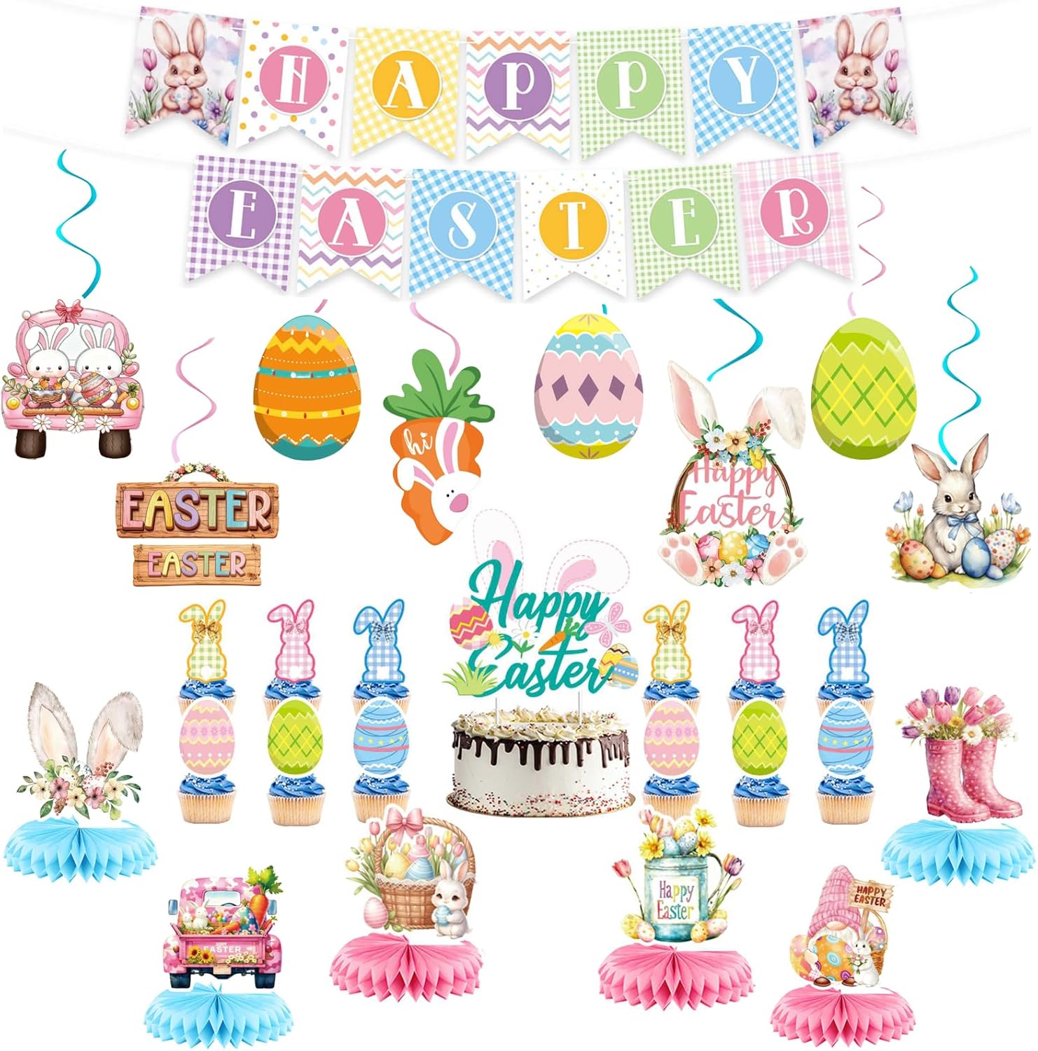 Easter Decorations Set, Happy Easter Banner, Hanging Swirls, Cake Toppers, Honeycomb Decorations for Table, Easter Party Supplies Kit for Spring Party Home Classroom Office Hanging Decoration