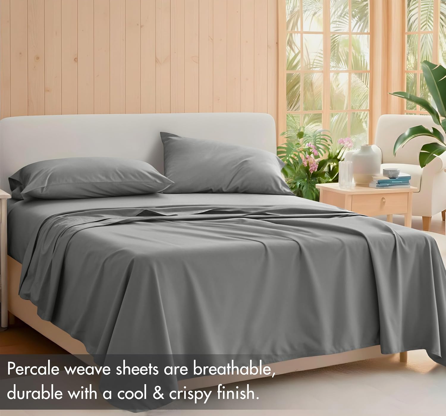 ruvanti 100% cotton sheets – california king percale bedding, cooling & breathable, durable with a crisp, soft & comfortable feel, 14" deep pocket, 4-piece set, mist grey mist grey california king