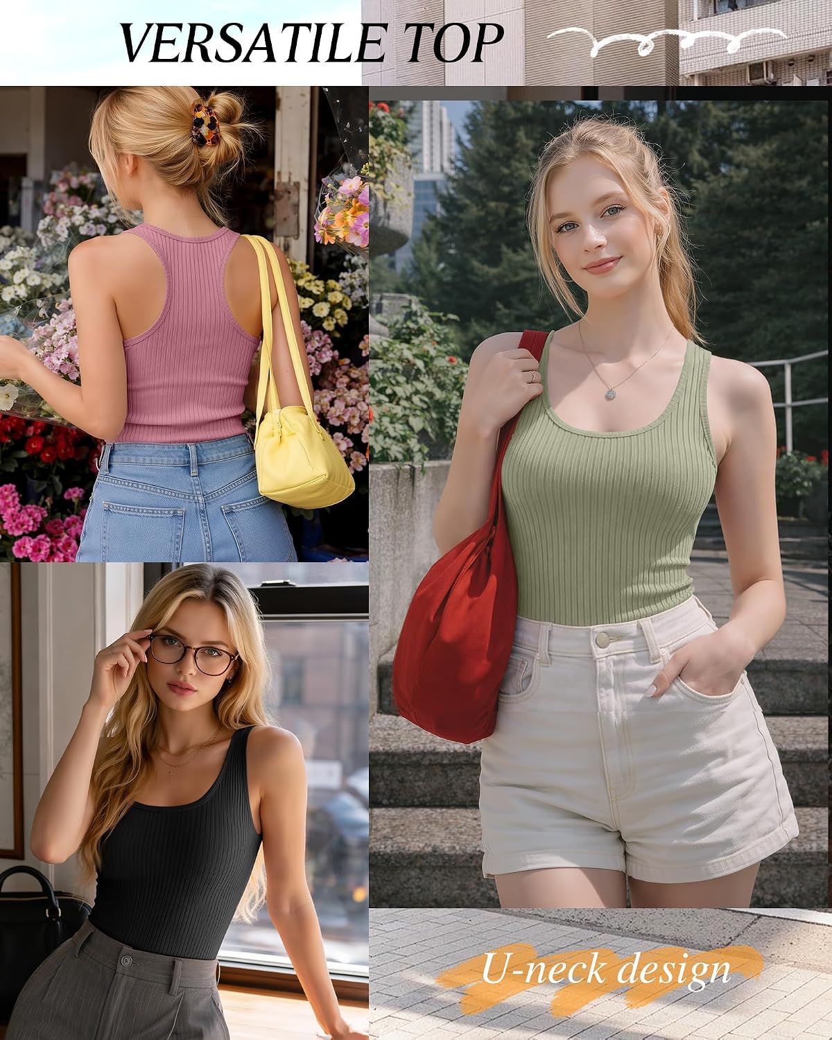 3 Pack Womens Ribbed Knit Tank Tops Scoop Neck Cotton Racerback Sleeveless Shirts Slim Fit Summer Basic Tank Tops