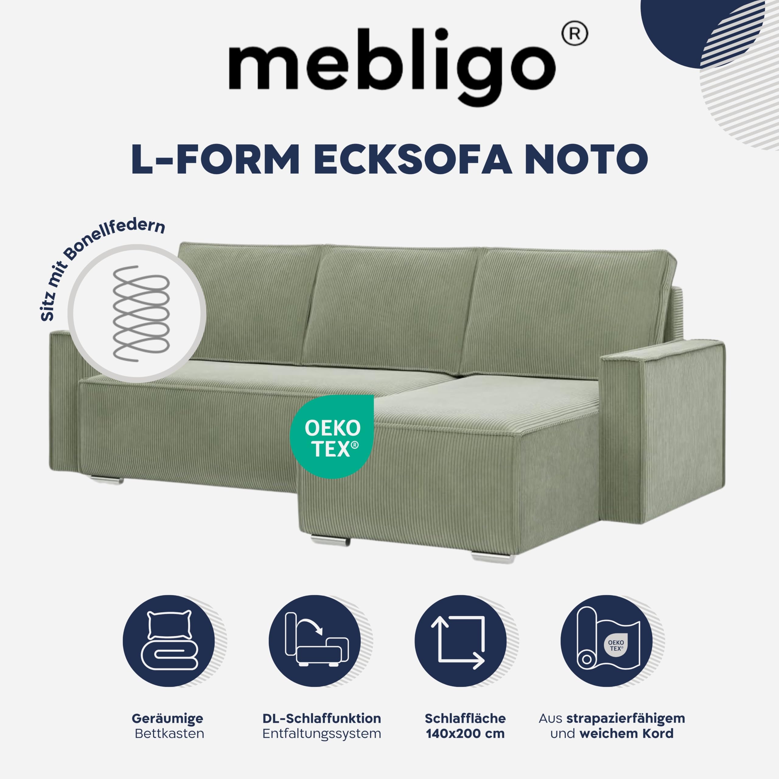 Mebligo Ecksofa mit Schlaffunktion und Bettkasten NOTO, Cord Sofa L Form 231 cm Breit, Eckcouch Cord mit Schlaffunktion, Bonellfederkern, Universal Sofa Hellgrün