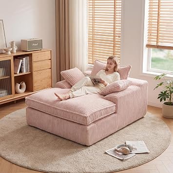 Oversized 67 Inch Chaise Lounge Chair Indoor, Corduroy Upholstered Deep Seat Sofa Couch, Cloud-Soft Boneless Lounger, Comfy Reading Chairs for Living Room & Bedroom, No Assembly Required Blush Pink