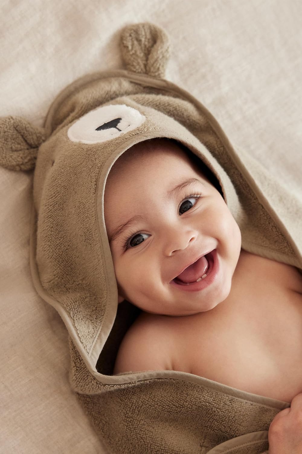 MORI Baby Hooded Bath Towel with Bear Design in Taupe - Unisex Soft Cotton Wrap Cloth for Infants and Newborns - 30 x 30”