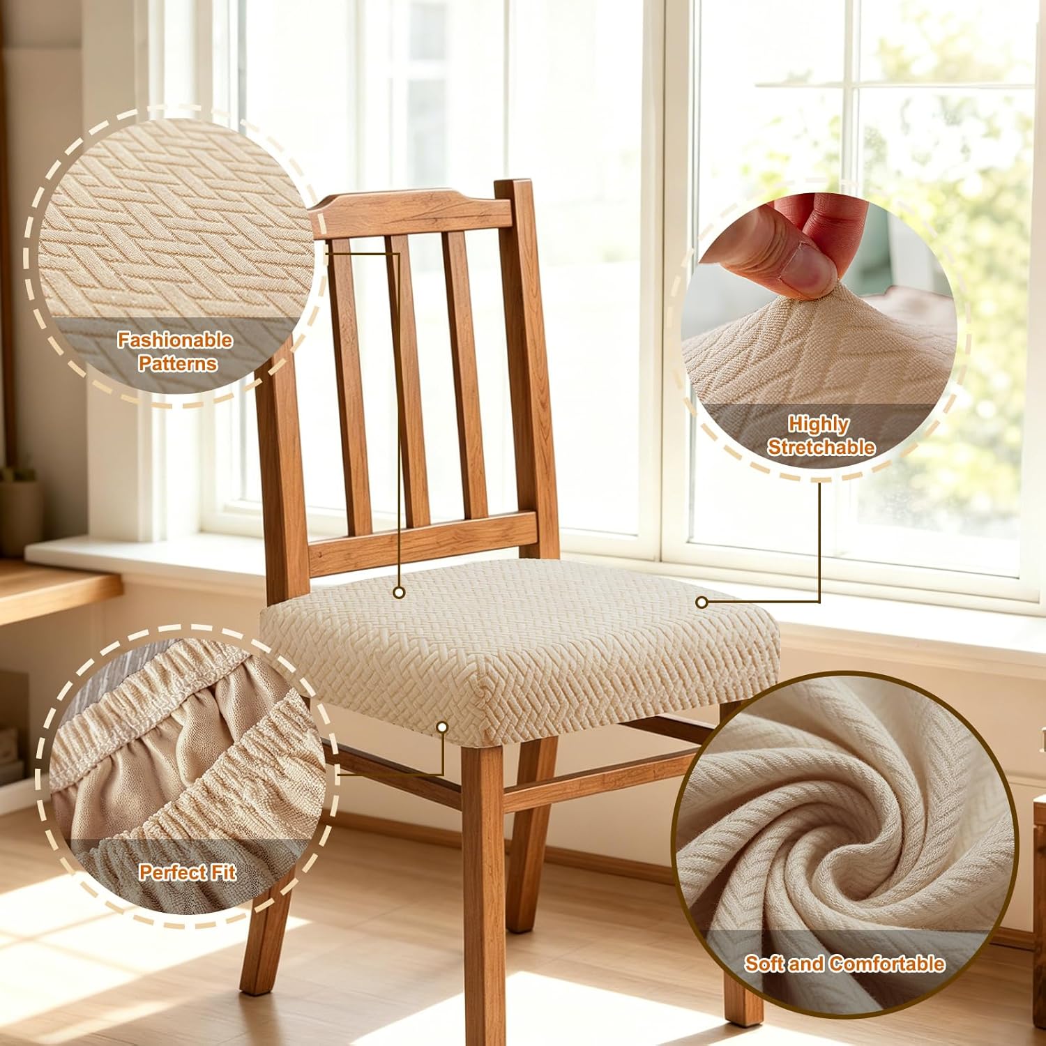 Dioxide Waterproof Seat Covers for Dining Room Chairs, Stretch Chair Covers Slipcover Protector Kitchen Chair Seat Covers for Hotel Banquet Party (Rear-Gapped,Sand, 2 PCS)
