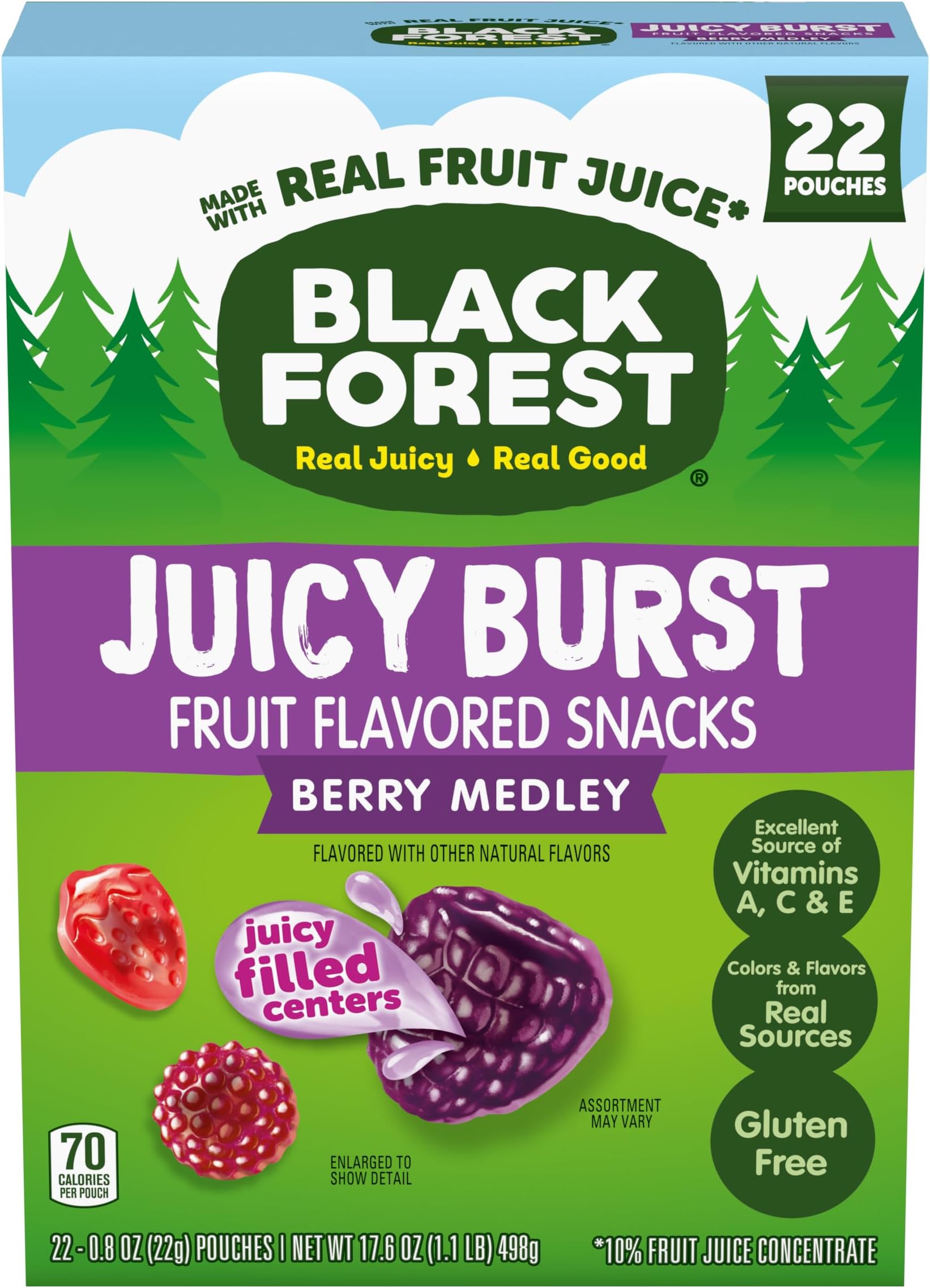 Black Forest Juicy Burst Fruit Snacks, Berry Medley, 0.8 Ounce Pouches (22 Count)