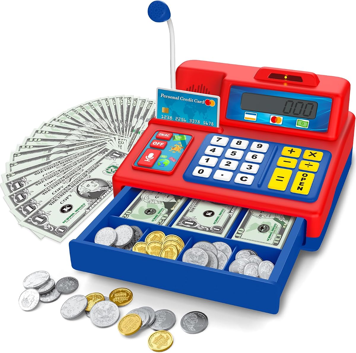 Calculator Cash Register - 103 Pcs Toy Cash Register, Microphone, Credit Card and Banking for Kids, Early Math Skills Toys Gifts for 3, 4, 5, 6 7 8+ Years Old Boys Girls