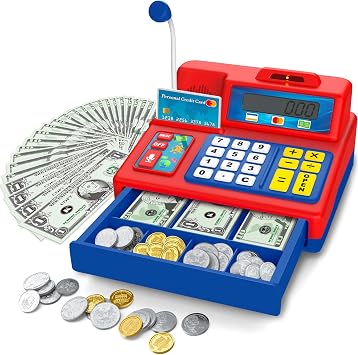 Calculator Cash Register - 103 Pcs Toy Cash Register, Microphone, Credit Card and Banking for Kids, Early Math Skills Toys Gifts for 3, 4, 5, 6 7 8+ Years Old Boys Girls