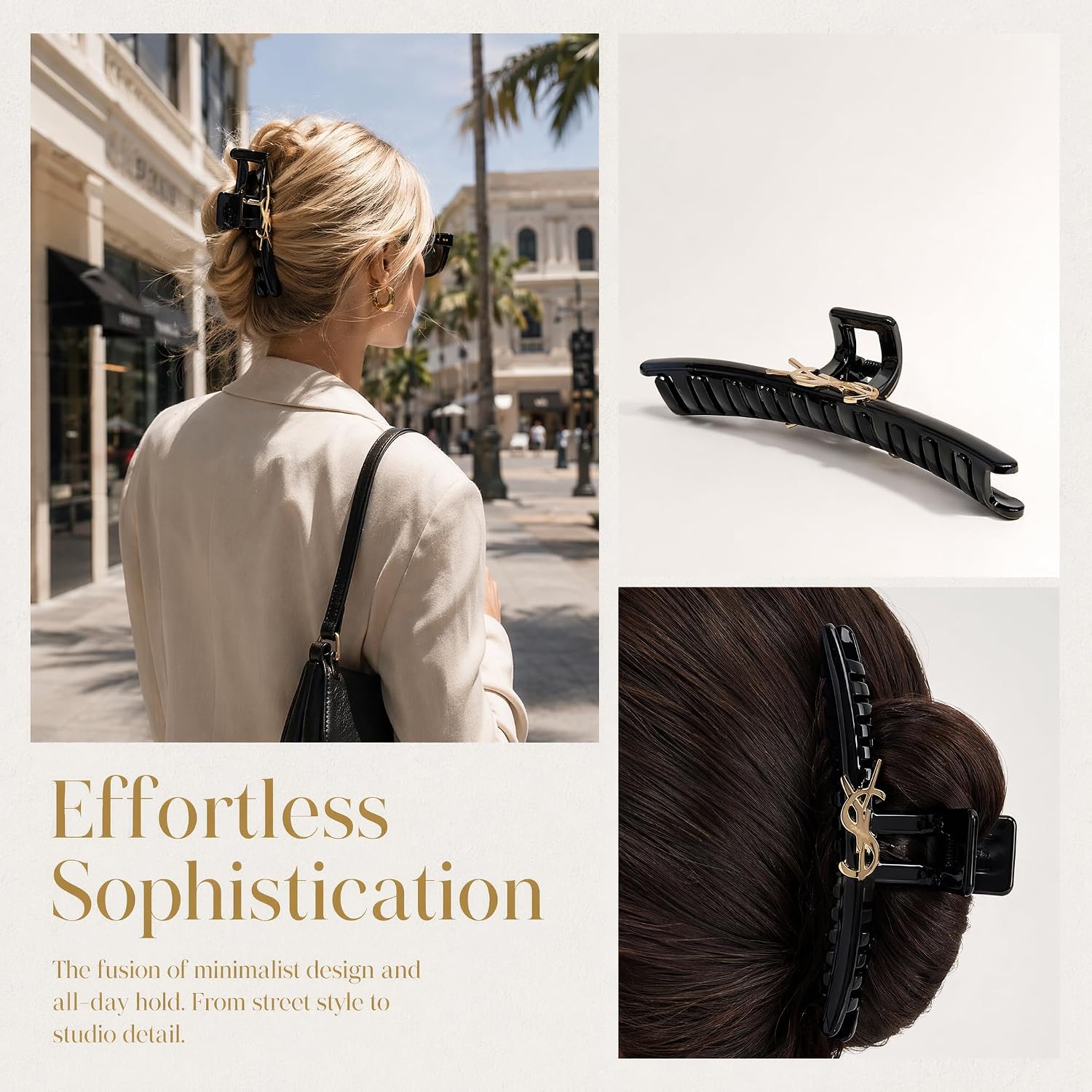 Large Black Hair Claw Clip with Gold Accent, Strong Hold Jaw Clip for Thick and Thin Hair, Stylish Hair Accessory